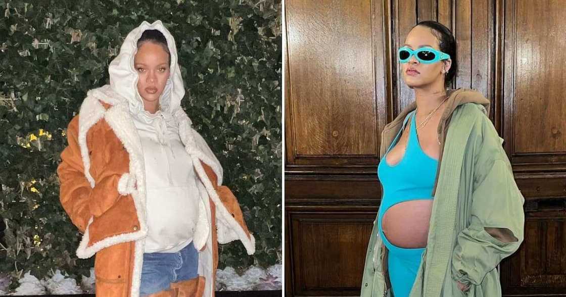 Rihanna sows off her baby bump. Rihanna sows off her baby bump.