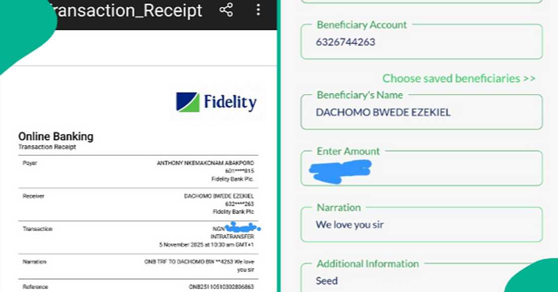 Nigerian man posts receipt online after sending money to Reverend Ezekiel.