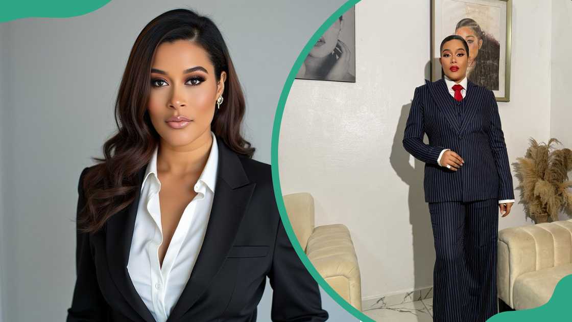 Adunni Ade is seen in black and striped navy suits Adunni Ade is seen in black and striped navy suits
