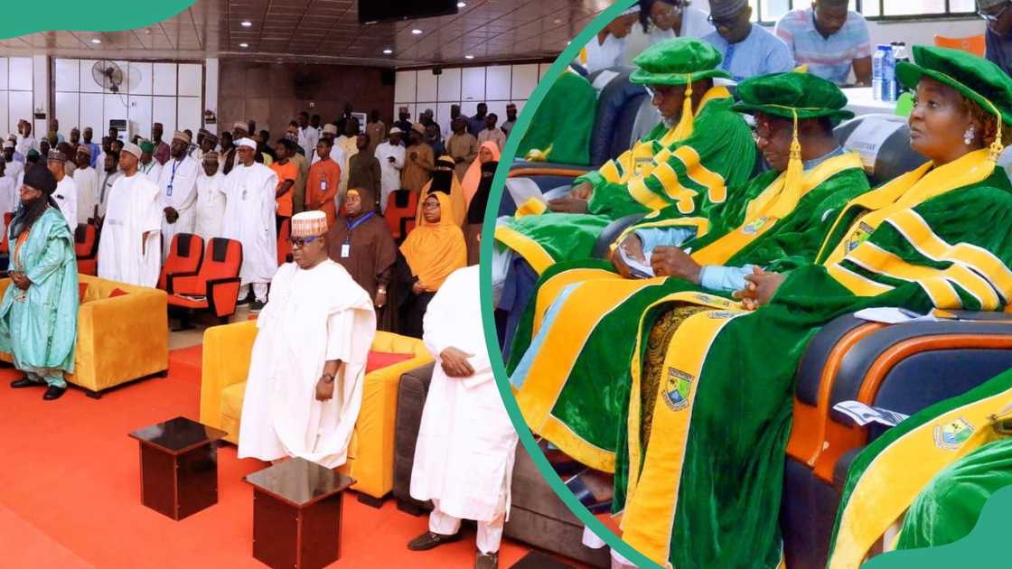 NSUK staff during a conference, and members of staff in academic dresses