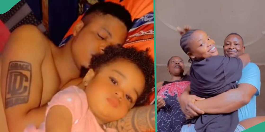 Wife kicks as husband carries grown up daughter on his body, father and daughter sleeping on bed Wife kicks as husband carries grown up daughter on his body, father and daughter sleeping on bed