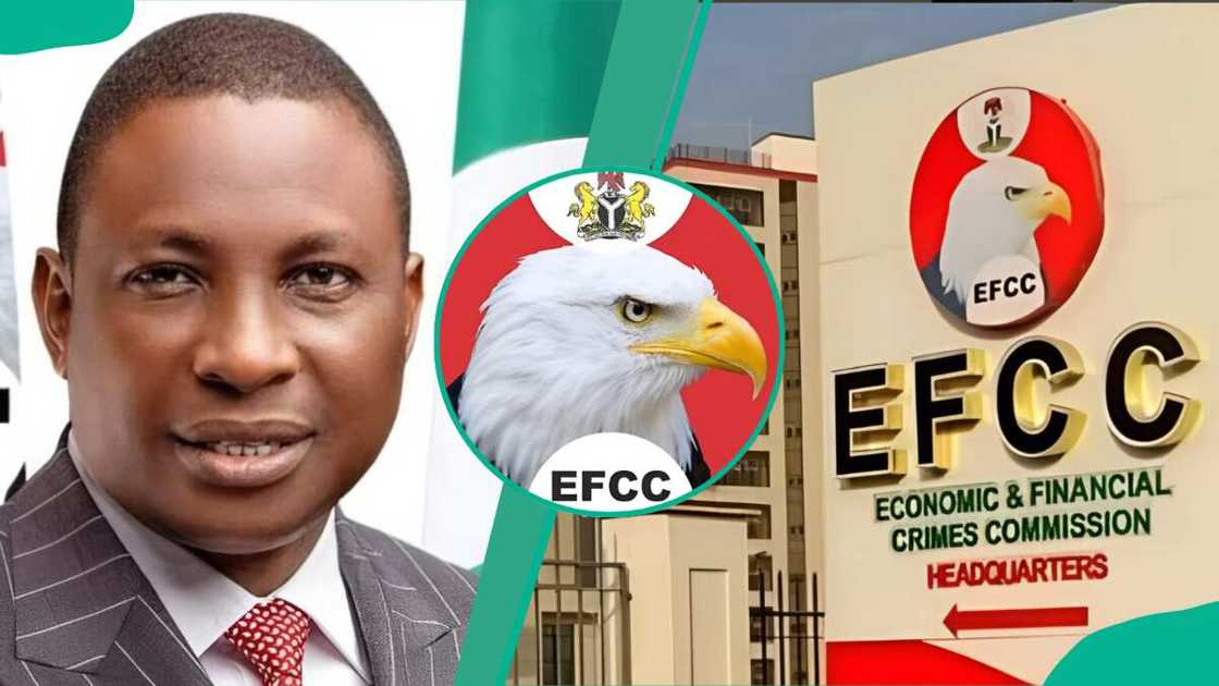 EFCC Chairman Olanipekun Olukoyede (L), EFCC logo (C) and EFCC headquarters sign (R)