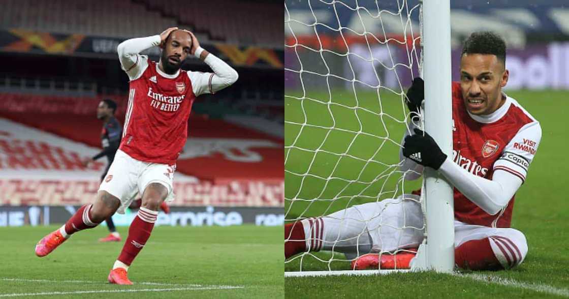 Lacazette and Aubameyang cut dejected faces during a past match. Photo: Getty Images.