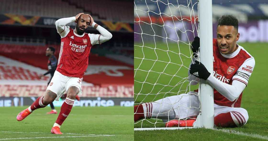 Lacazette and Aubameyang cut dejected faces during a past match. Photo: Getty Images. Lacazette and Aubameyang cut dejected faces during a past match. Photo: Getty Images.