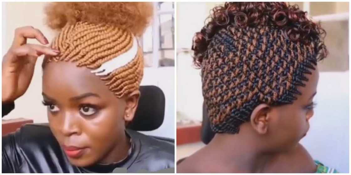 Photos of a lady with braided wigs.