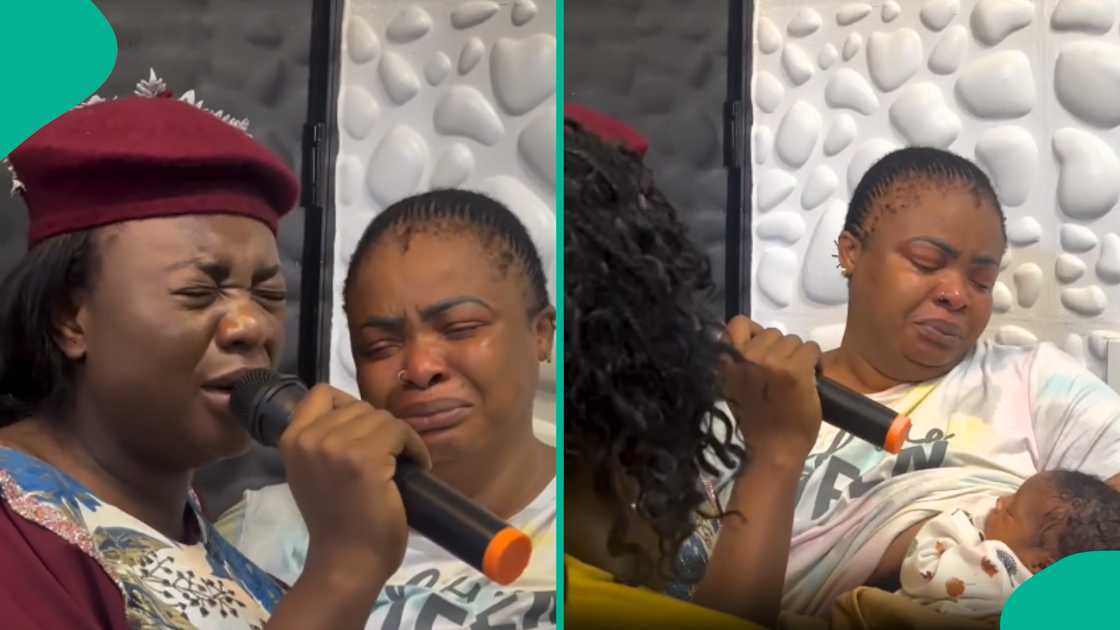 Dayo Amusa sheds tears as Yinka Alaseyori sings over first child she welcomed at age 41.