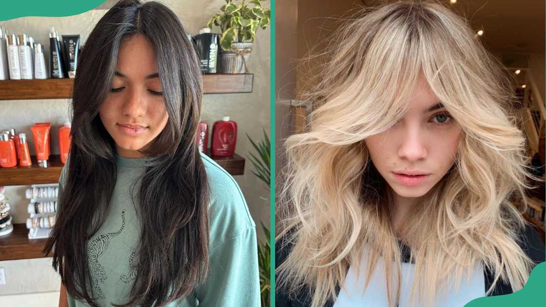 Two women showing their layered cur with curtain bangs hairstyle Two women showing their layered cur with curtain bangs hairstyle