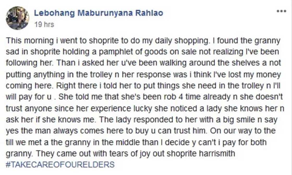 Gogo loses her money, kind man buys her groceries and inspires Mzansi