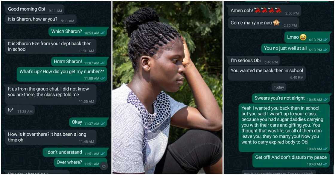 Whatsapp chats, man and old schoolmate, lady who rejected him, man ridicules lady who rejected him