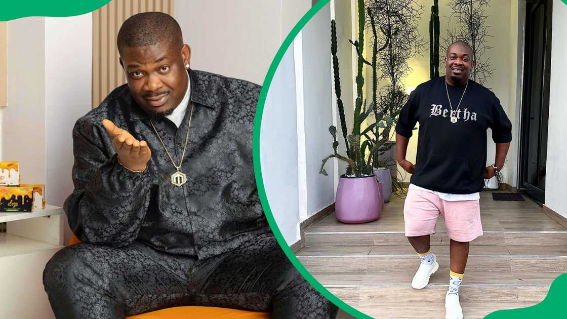 Don Jazzy sitting in a black outfit and he walks in pink shorts and a black tee Don Jazzy sitting in a black outfit and he walks in pink shorts and a black tee