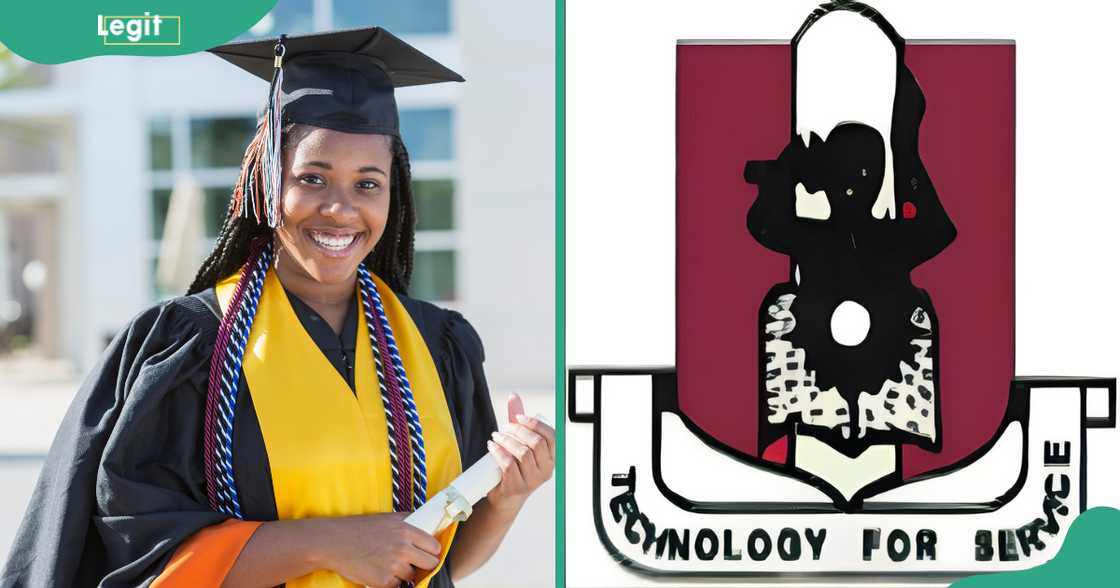 A graduating student (L). The ESUT logo (R)