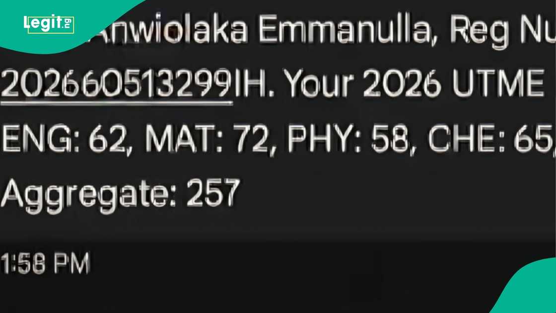Female student displays JAMB 2026 result with 257 total score, sparking praise online for her Mathematics performance and science subject scores.
