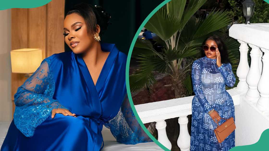 Sarian Martin in a royal blue silk robe and poses outdoors in a patterned blue gown