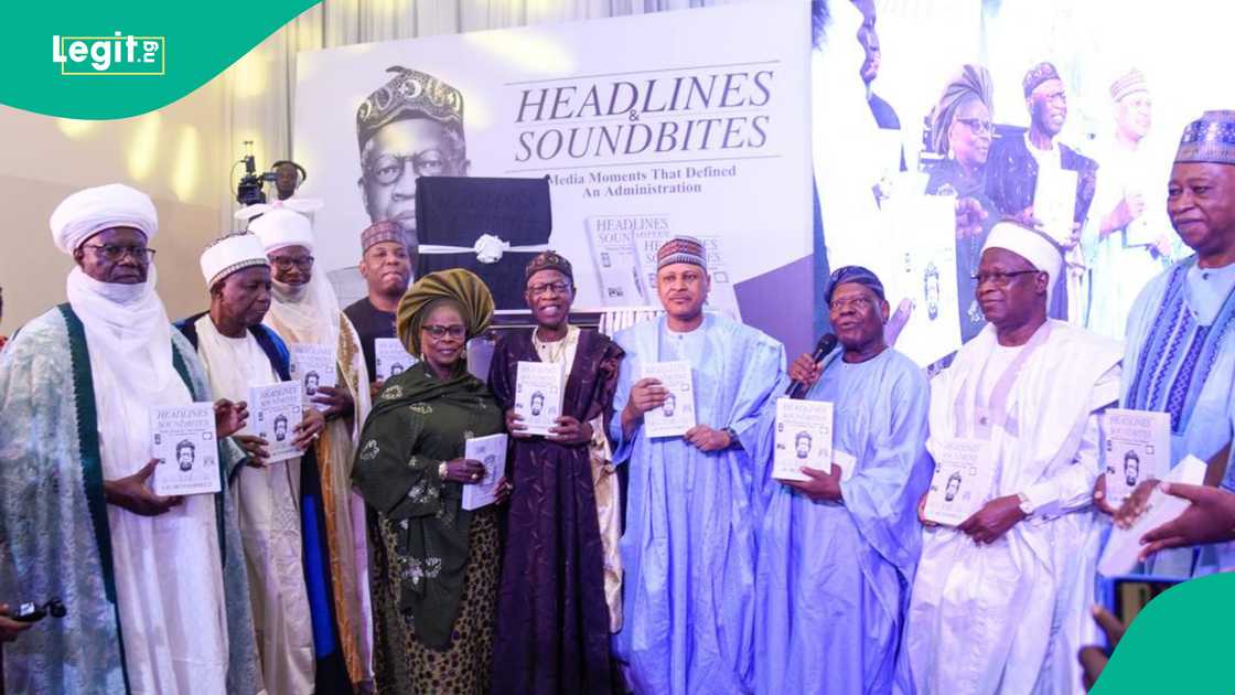 Lai Mohammed presenting his book Headlines and Soundbites, discussing the Muhammadu Buhari era and the role of media.