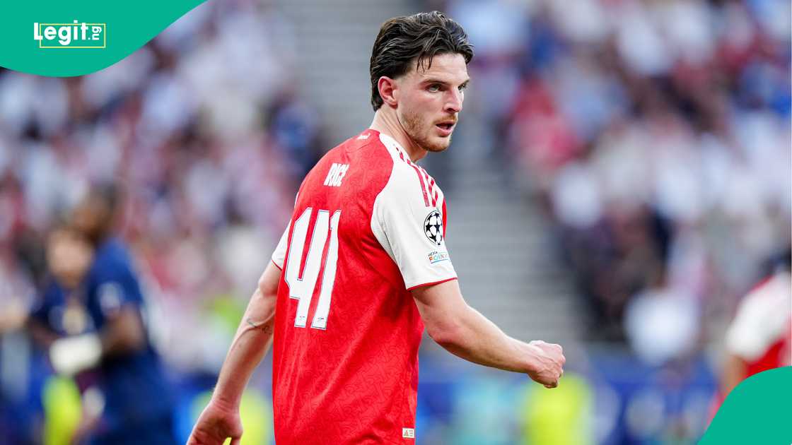 Declan Rice, Arsenal, PSG, UEFA Champions League, Budapest. Declan Rice, Arsenal, PSG, UEFA Champions League, Budapest.