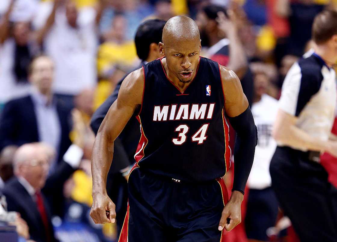 Ray Allen reacts after making a three-pointer against the Indiana Pacers