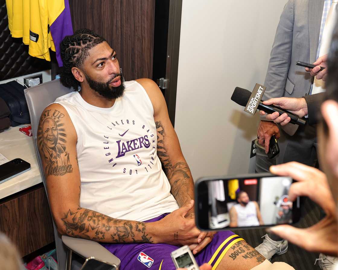 Anthony Davis talks to the media after the game against the Los Angeles Lakers at Crypto.Com Arena in Los Angeles, California Anthony Davis talks to the media after the game against the Los Angeles Lakers at Crypto.Com Arena in Los Angeles, California