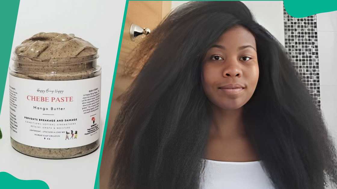 Chebe powder paste (L) and a lady with long natural hair (R) Chebe powder paste (L) and a lady with long natural hair (R)