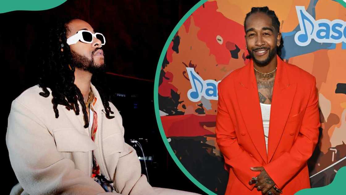 Omarion sitting and looking up (L). The singer standing in front of a colourful background with the word "Dash" visible (R)