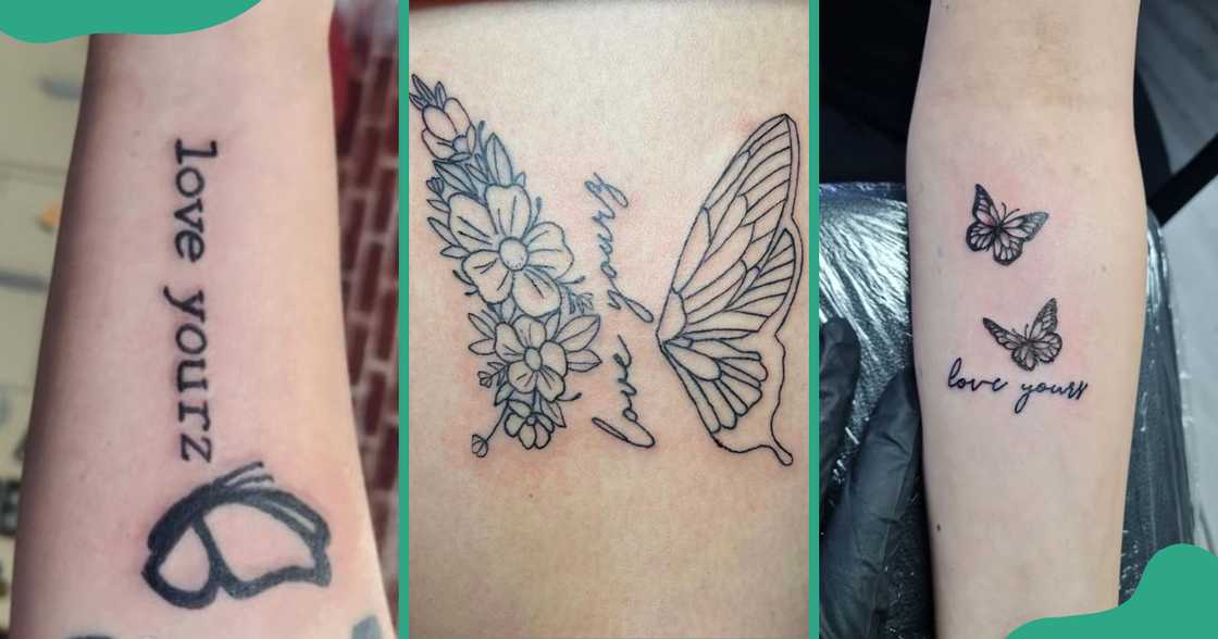 Love Yourz tattoos with butterfly elements on the arms and back.