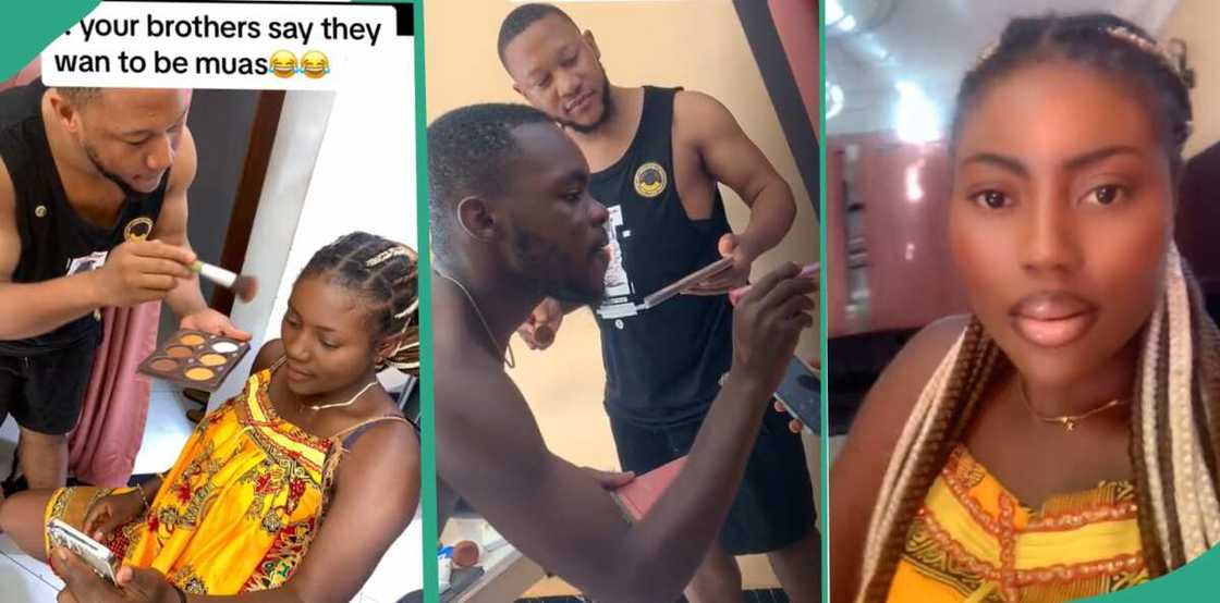 Brothers help their sister with her makeup. Brothers help their sister with her makeup.