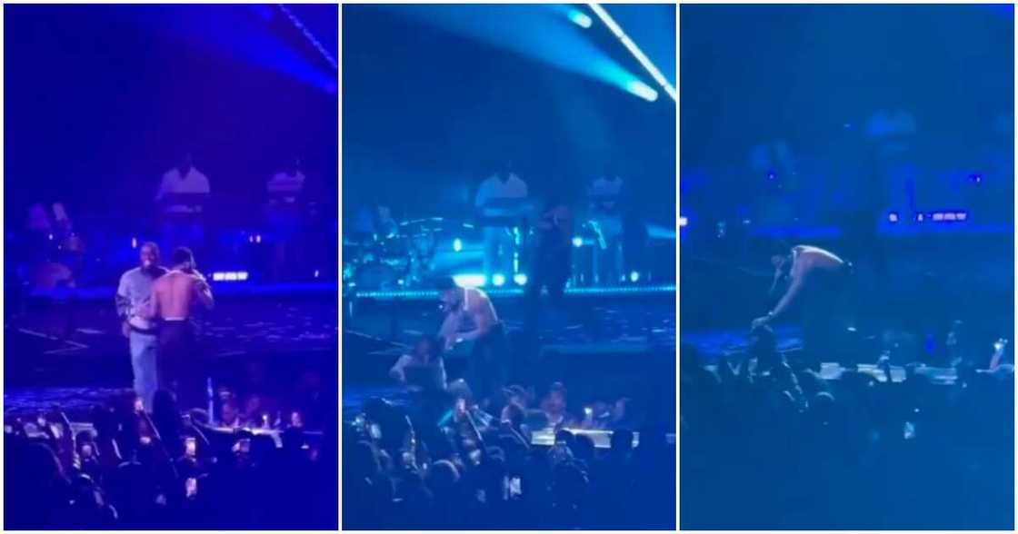 Wizkid reacts as fan runs on stage to hug him at MSG show.