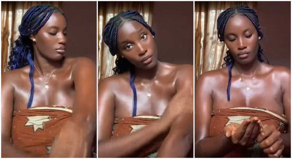 Photos of a lady with a shiny black skin.