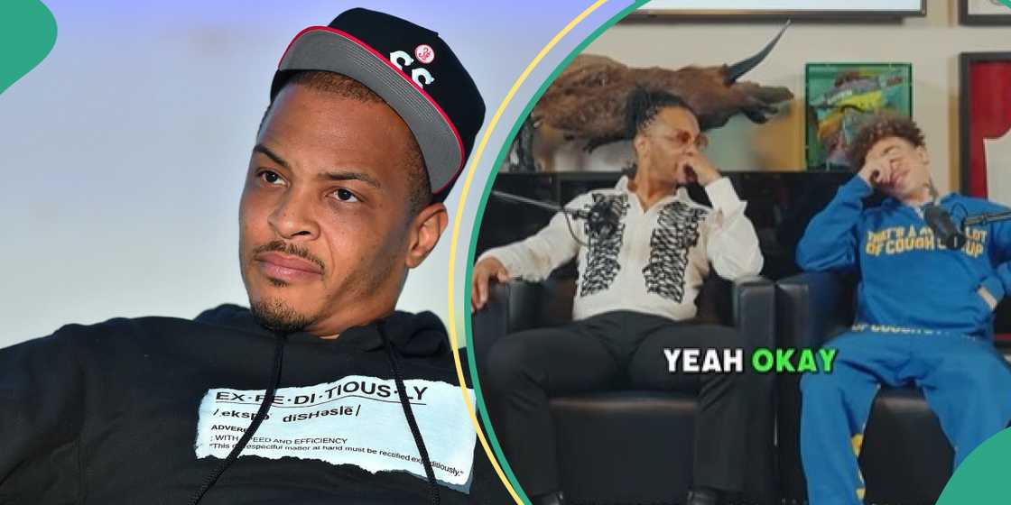 Rapper TI and son on a podcast. Rapper TI and son on a podcast.