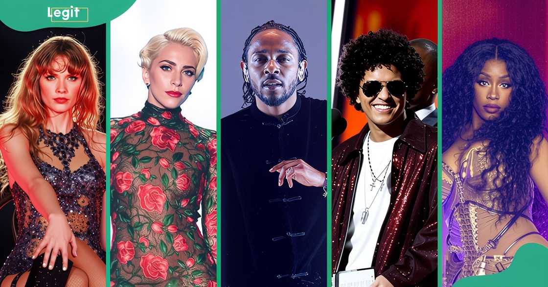 Taylor Swift, Lady Gaga, Kendrick Lamar, Bruno Mars, and SZA sing and perform on various stages.