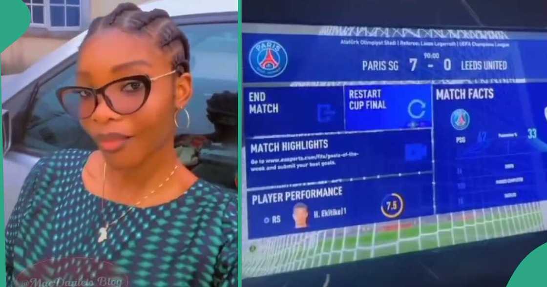 Lady defeats boyfriend in FIFA game.