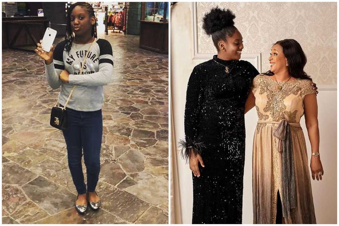 Isabella Idibia displays a phone (L). 2Baba's daughter (in black) poses for a photo with her grandmother (R) Isabella Idibia displays a phone (L). 2Baba's daughter (in black) poses for a photo with her grandmother (R)