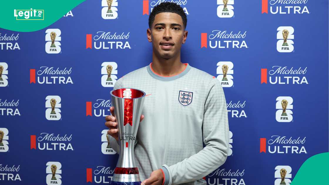 Jude Bellingham poses with the Player of the Match Trophy after the FIFA World Cup 2026 match against Mexico. Photo by Joosep Martinson