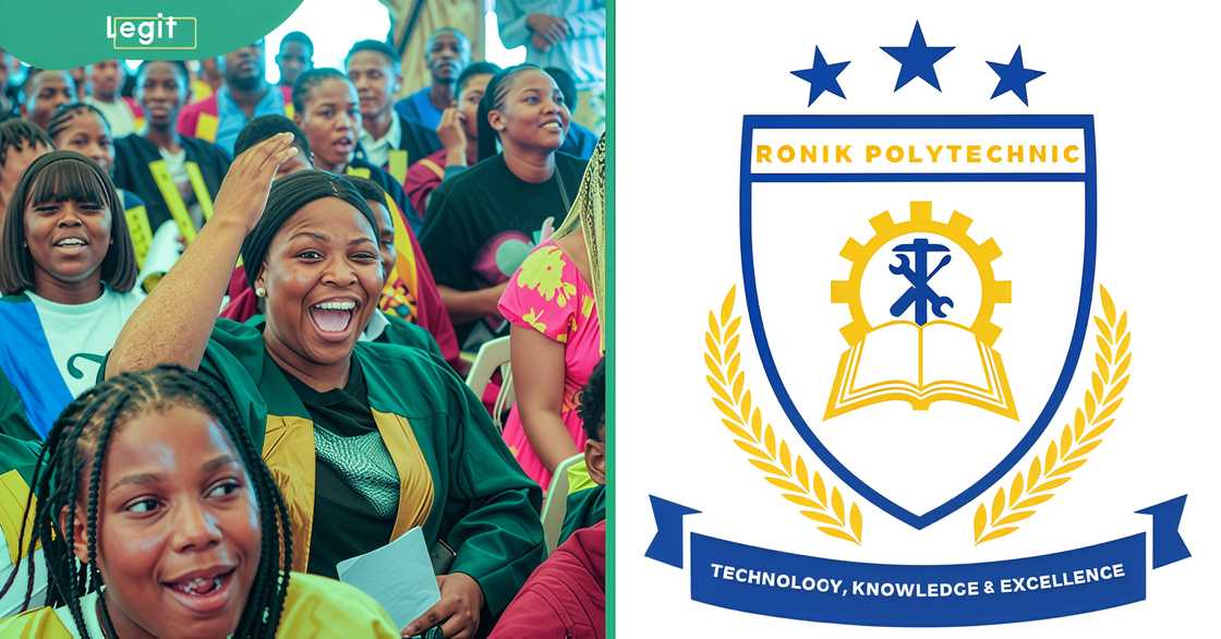 Ronik Polytechnic students photographed in graduation gowns (L). The University's logo (R).