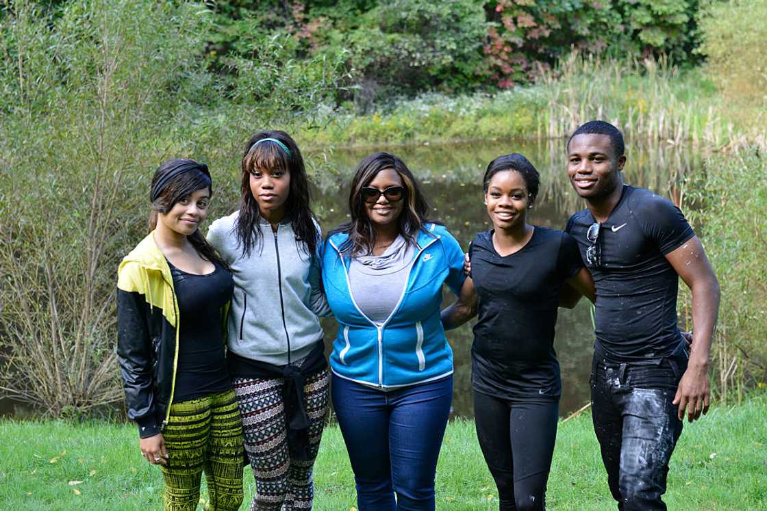 Arielle Hawkins, Joyelle Douglas, Natalie Hawkins, Gabrielle "Gabby" Douglas, and Johnathan Douglas (L-R) pose for a picture