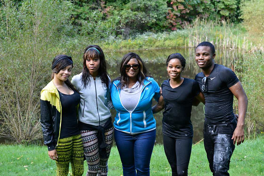 Arielle Hawkins, Joyelle Douglas, Natalie Hawkins, Gabrielle "Gabby" Douglas, and Johnathan Douglas (L-R) pose for a picture Arielle Hawkins, Joyelle Douglas, Natalie Hawkins, Gabrielle "Gabby" Douglas, and Johnathan Douglas (L-R) pose for a picture