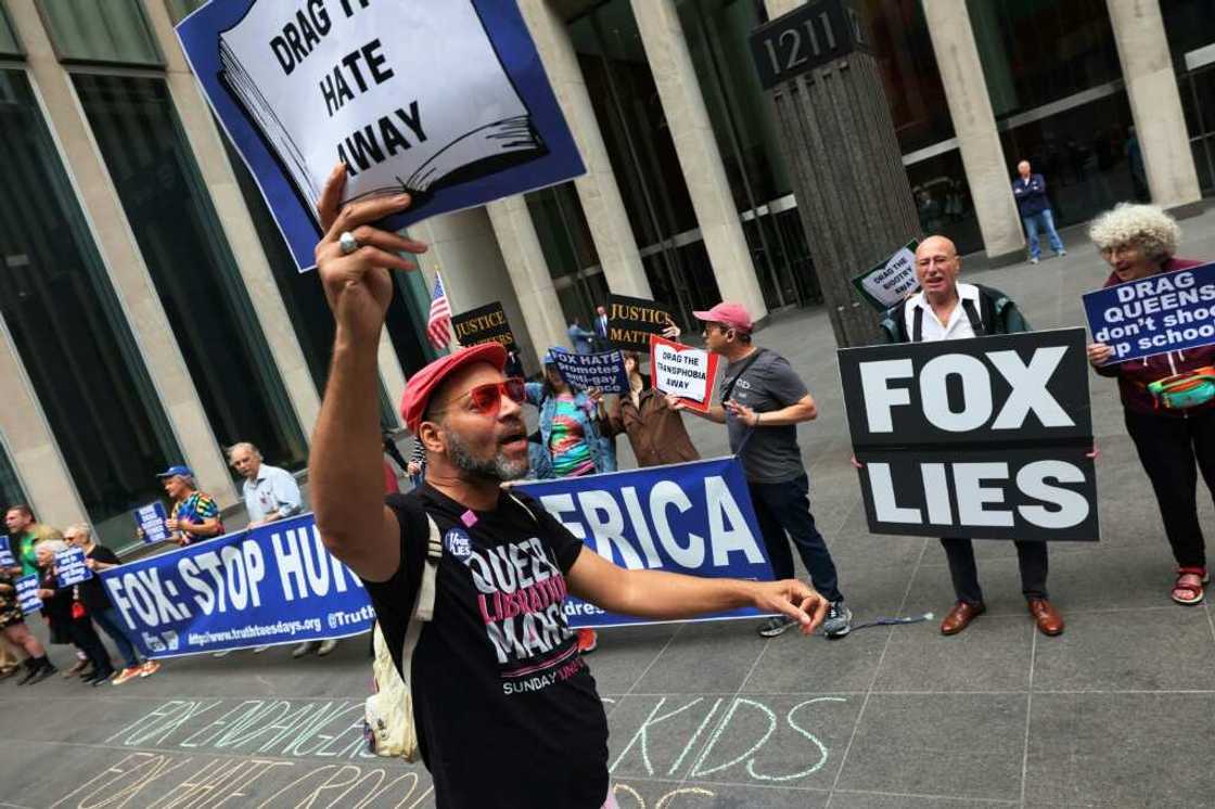 New York protestors demonstrating against Fox News's alleged anti-LGBTQ coverage New York protestors demonstrating against Fox News's alleged anti-LGBTQ coverage