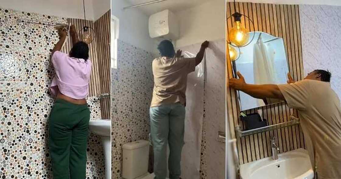 Lady replaces bathroom tiles with wallpaper Lady replaces bathroom tiles with wallpaper