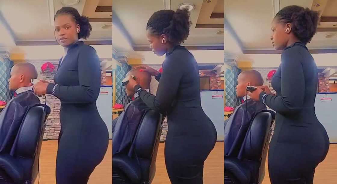 Photos of a female barber attending to a customer in her shop. Photos of a female barber attending to a customer in her shop.