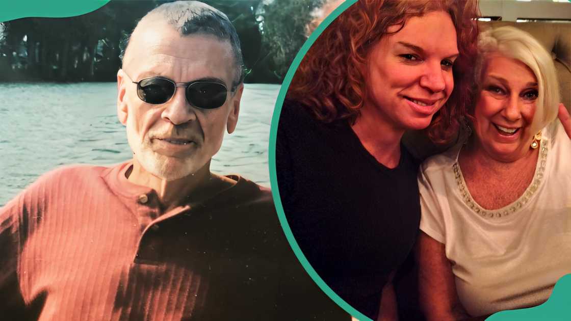 Carrot Top's father, Larry Thompson, sits on a boat by a river (L). The comedian hugs his mother, Dona Wood (R).