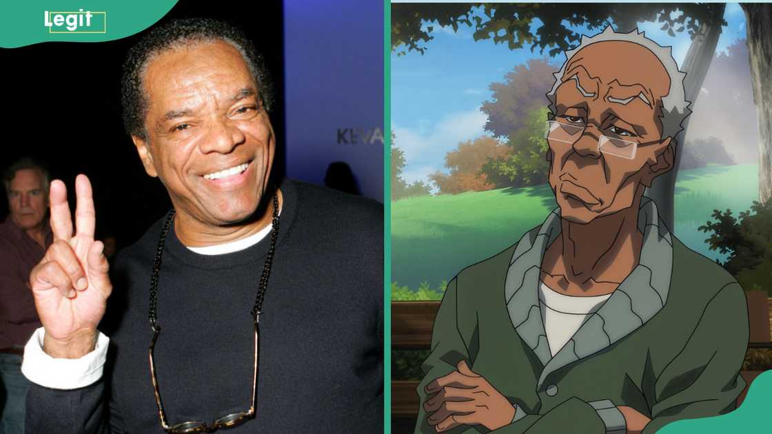 John Witherspoon making a peace sign with his right hand. Robert “Granddad” Freeman seated on a bench outdoors