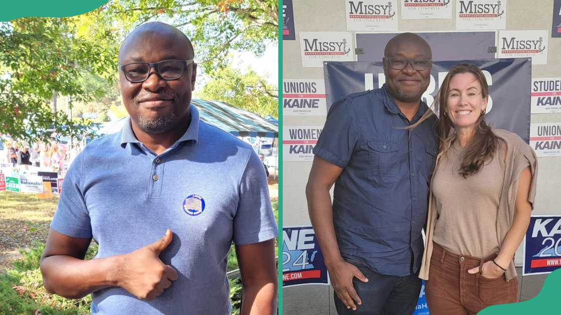 Collins Udoh smiles after casting his vote in an election (L). The sports journalist shares a moment with a while lady (R) Collins Udoh smiles after casting his vote in an election (L). The sports journalist shares a moment with a while lady (R)
