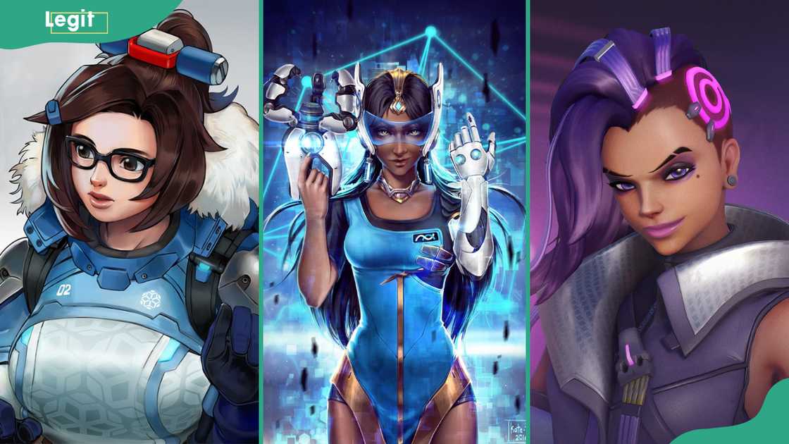 Mei (L), Symmetra (C), and Sombra (R). Mei (L), Symmetra (C), and Sombra (R).
