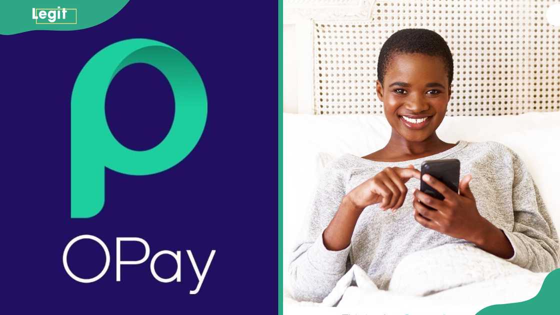 Opay logo and a young woman using a phone. Opay logo and a young woman using a phone.