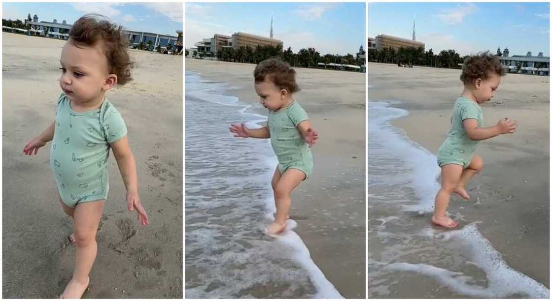 Photos of a boy touching beach water.