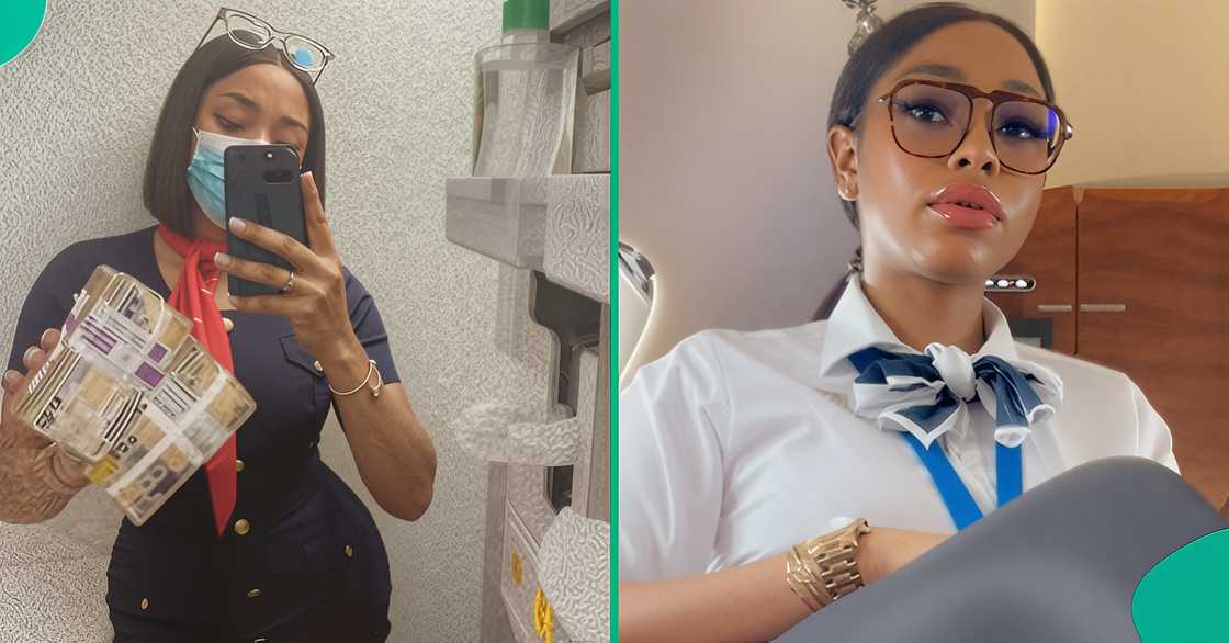 A flight attendant in Nigeria flaunts the bundles of cash she received as a tip