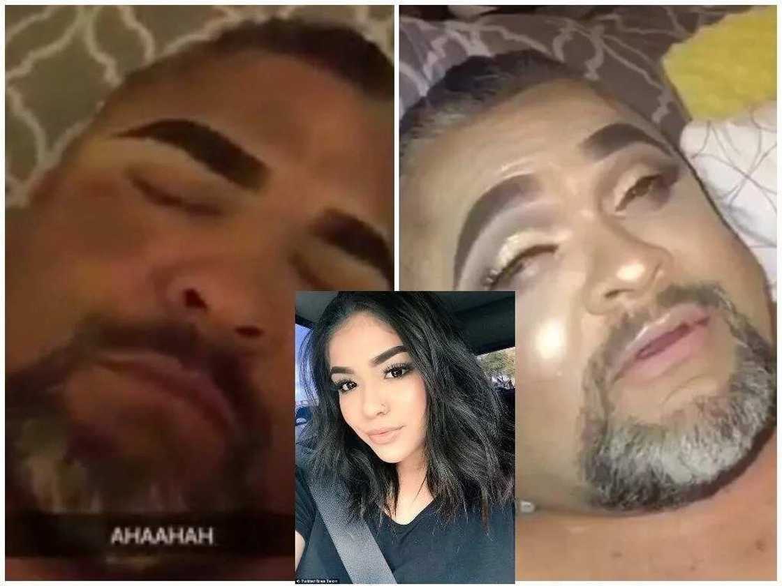 Teen gives father total facial makeover while he sleeps Teen gives father total facial makeover while he sleeps