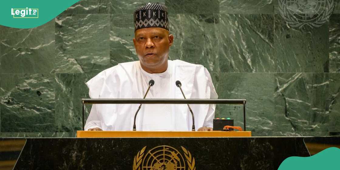 Shettima presenting a speech at the UNGA 79th session