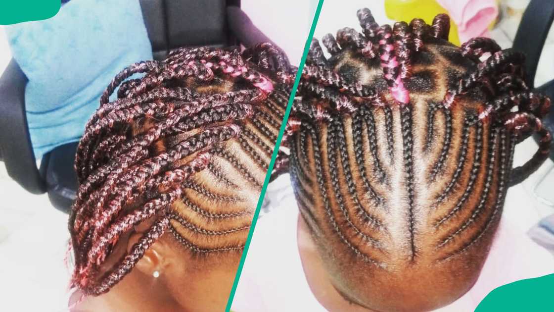 Front cornrows with loose pink braids Front cornrows with loose pink braids