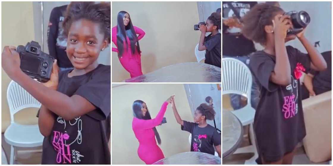 Mercy Johnson's daughter Purity takes pictures of her.