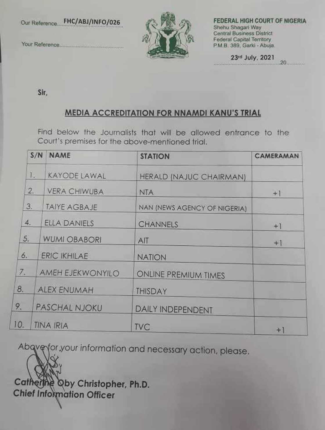 A notice from the Federal High Court in Abuja on the coverage of Kanu's trial A notice from the Federal High Court in Abuja on the coverage of Kanu's trial